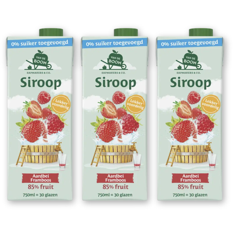 Van de Boom Aardbei framboos siroop 0% suiker 3-pack