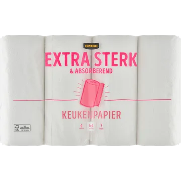 Jumbo Keukenpapier Extra Sterk & Absorberend 3 Lagen 4 Rollen