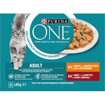 Purina ONE® Adult Rijk aan Kip en Sperziebonen / Rund en Wortels in Saus kattenvoer nat 8x85g