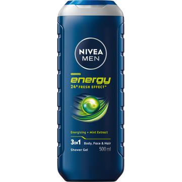 NIVEA MEN Energy Douchegel - 500ml - 3-in-1 shower gel met mintextract - Shampoo - Voor lichaam, gezicht en haar