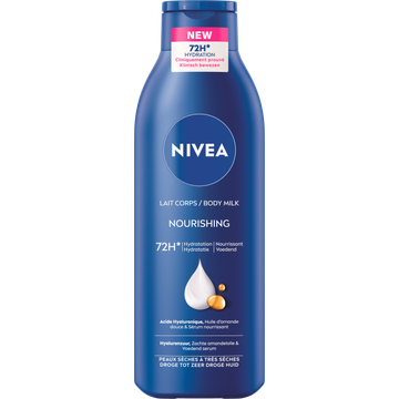 NIVEA Verzorgende Body Milk - met Hyaluronzuur Zachte Amandel Olie en Voedend serum - Body Melk met 72 Uur Hydratatie - Voor Droge tot Zeer Droge Huid - 250ml