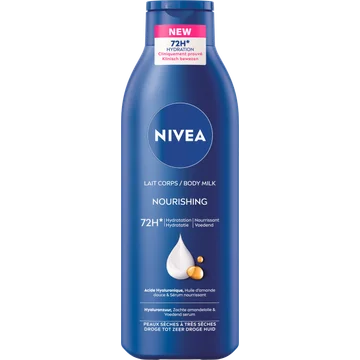 NIVEA Verzorgende Body Milk - met Hyaluronzuur Zachte Amandel Olie en Voedend serum - Body Melk met 72 Uur Hydratatie - Voor Droge tot Zeer Droge Huid - 250ml