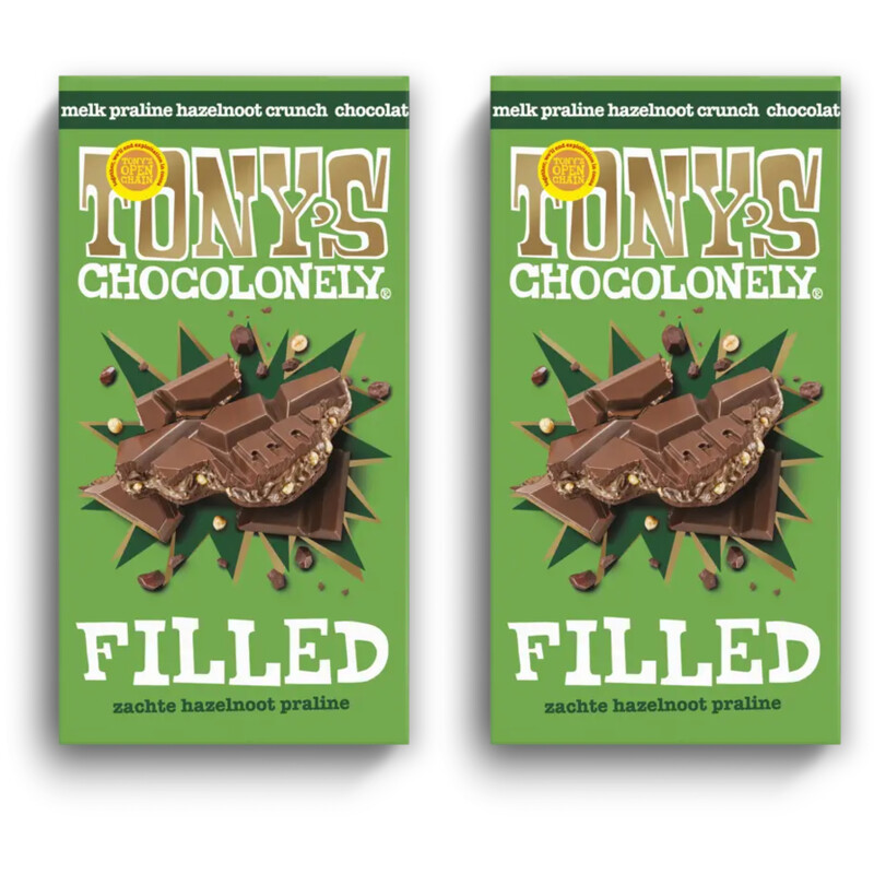 Tony's Chocolonely Filled melk pral hazelnoot crunch 2-pack