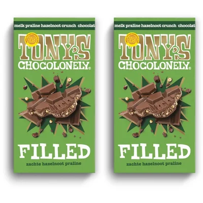 Tony's Chocolonely Filled melk pral hazelnoot crunch 2-pack