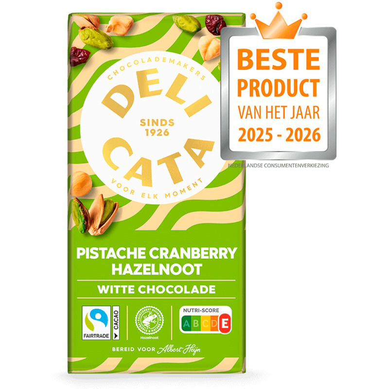Delicata Reep witte chocolade pistache cranberry