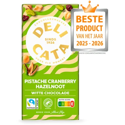 Delicata Reep witte chocolade pistache cranberry