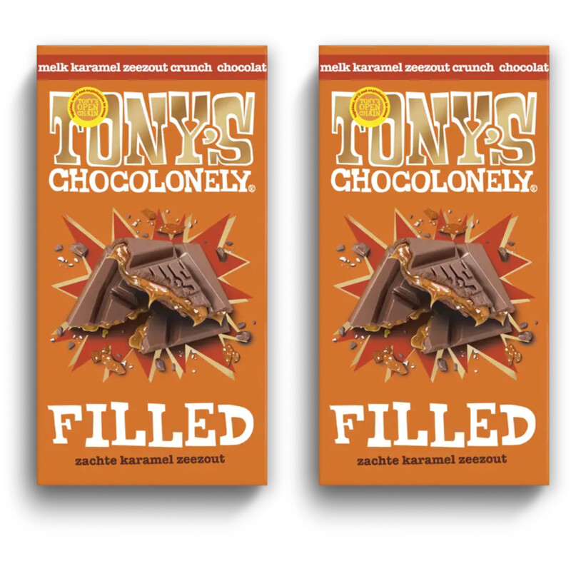 Tony's Chocolonely Filled melk karam zeezout crunch 2-pack