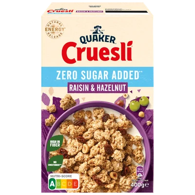 Quaker Cruesli raisin hazelnut zero sugar added