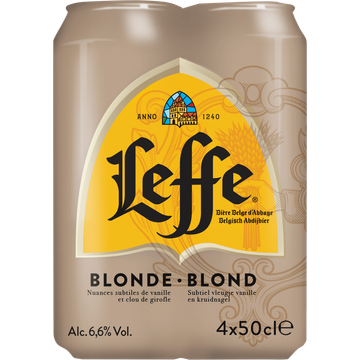 Leffe Belgisch Abdijbier Blond Subtiel Vleugje Vanille en Kruidnagel Blikken 4 x 50 cl