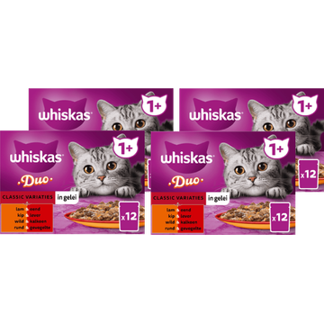 Whiskas 1+ Kattenvoer - Duo Classic Variaties in Gelei - 4 x 12 Maaltijdzakjes
