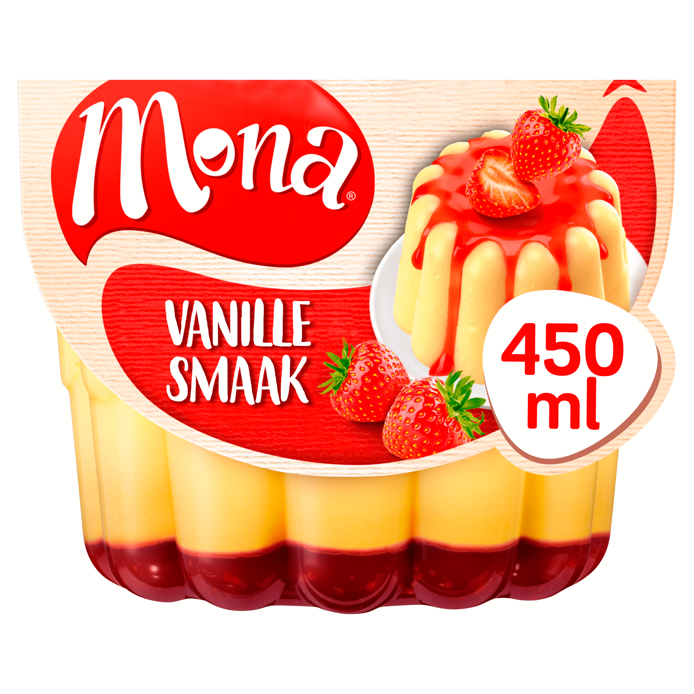 Mona Vanillepudding met aardbeiensaus
