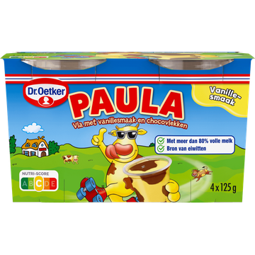 Dr. Oetker Paula Vla met Vanillesmaak en Choco-Vlekken 4 x 125 g