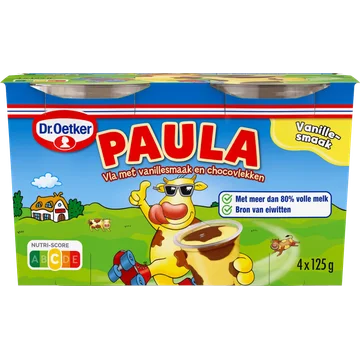 Dr. Oetker Paula Vla met Vanillesmaak en Choco-Vlekken 4 x 125 g