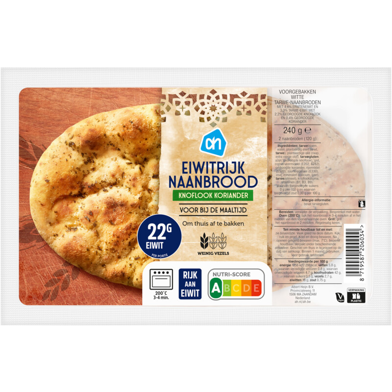 AH Eiwitrijk naanbrood knoflook koriander