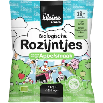 De Kleine Keuken Biologische Rozijntjes met een Vleugje Appelsmaak 18+ Maanden 112 g
