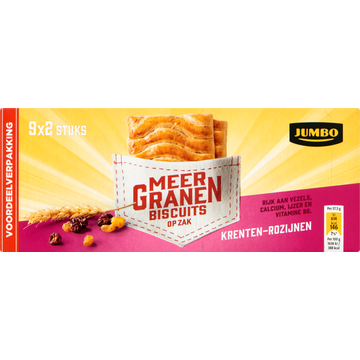 Jumbo Meergranen Biscuits Rozijn Voordeel Verpakking 9 x 37,5 g