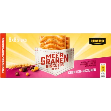 Jumbo Meergranen Biscuits Rozijn Voordeel Verpakking 9 x 37,5 g
