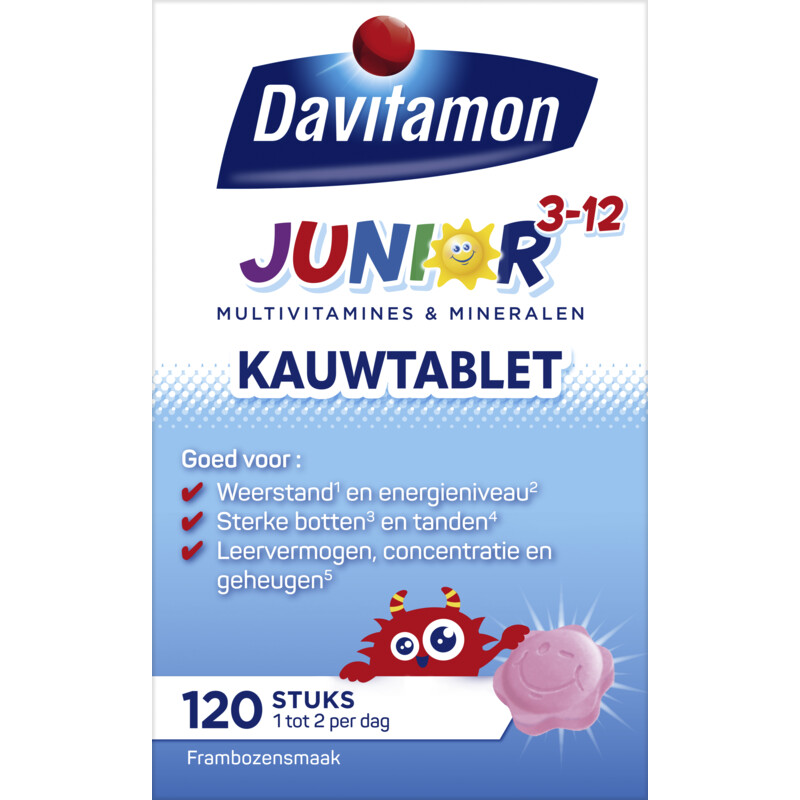 Davitamon Junior 3-12 kauwvitamines framboos, 120 stuks