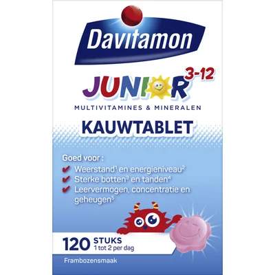 Davitamon Junior 3-12 kauwvitamines framboos, 120 stuks