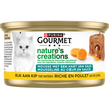 PURINA® Gourmet® Nature's Creations Mousse met een Hart van Saus, Rijk aan Kip met Wortelen Kattenvoer 85g