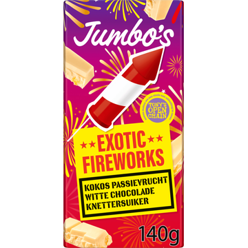 Jumbo's Witte Chocolade Exotic Fireworks Kokos, Passievrucht & Knettersuiker 140 g