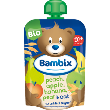 Bambix Knijpzakje Appel, Perzik, Banaan, Peer & Haver Bio 10M+ 100g
