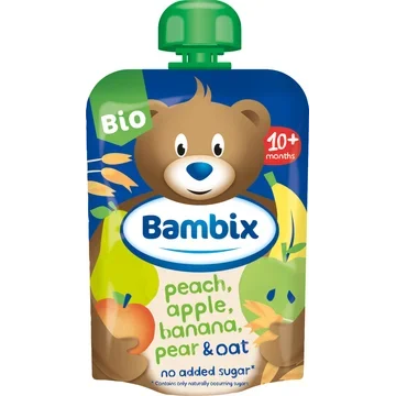 Bambix Knijpzakje Appel, Perzik, Banaan, Peer & Haver Bio 10M+ 100g