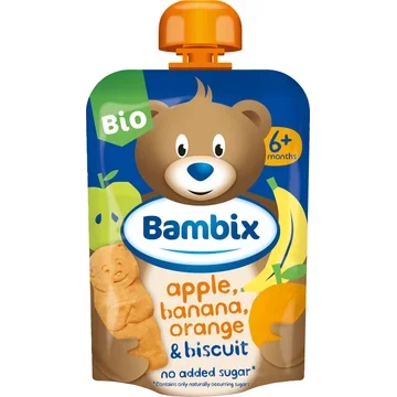 Bambix Knijpzakje Appel, Banaan, Sinaasappel & Koekjes Bio 6M+ 100g