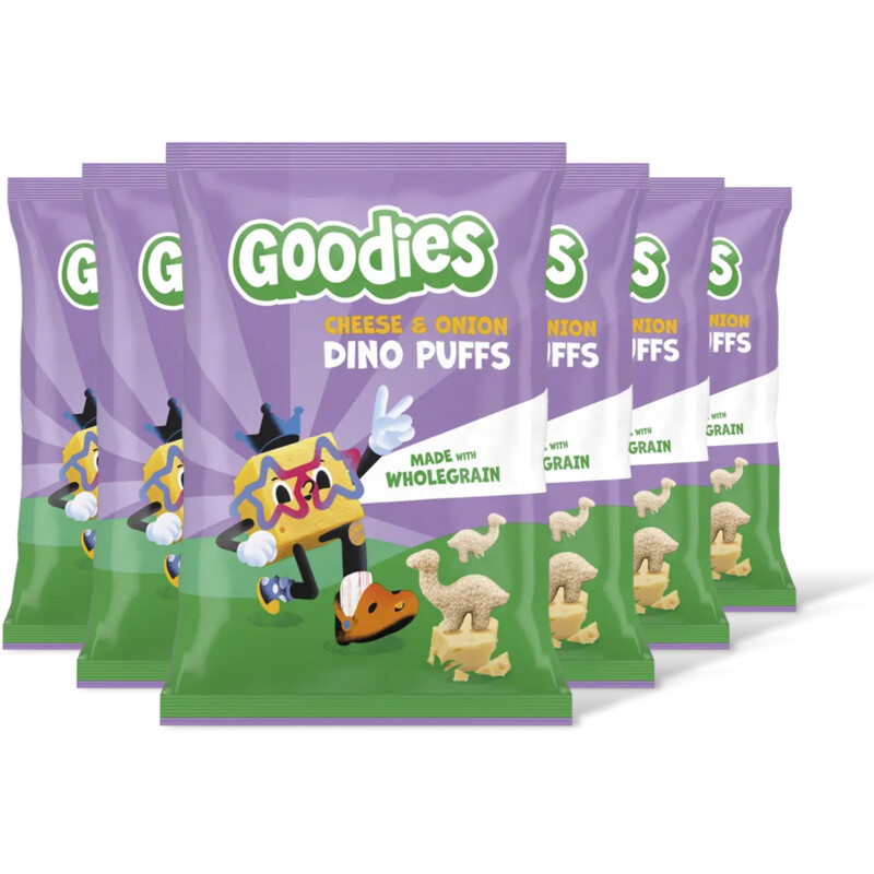 Goodies Snack dino puffs cheese/onion 3+ jr 6pk