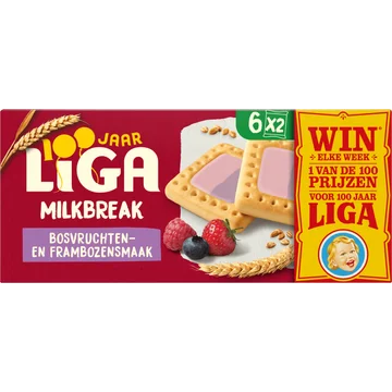 Liga Milkbreak Bosvruchten- en Frambozensmaak 6x2 biscuits 245 g