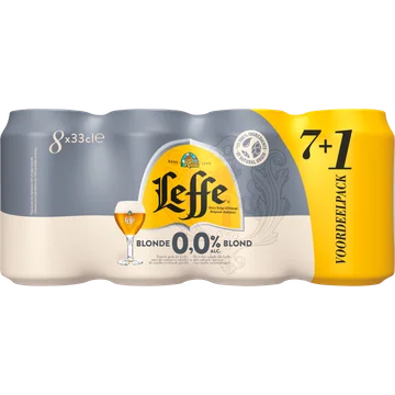 Leffe Belgisch Abdijbier 0,0% Alc. Blond 7 + 1 Voordeelpack Blikken 8 x 33 cl