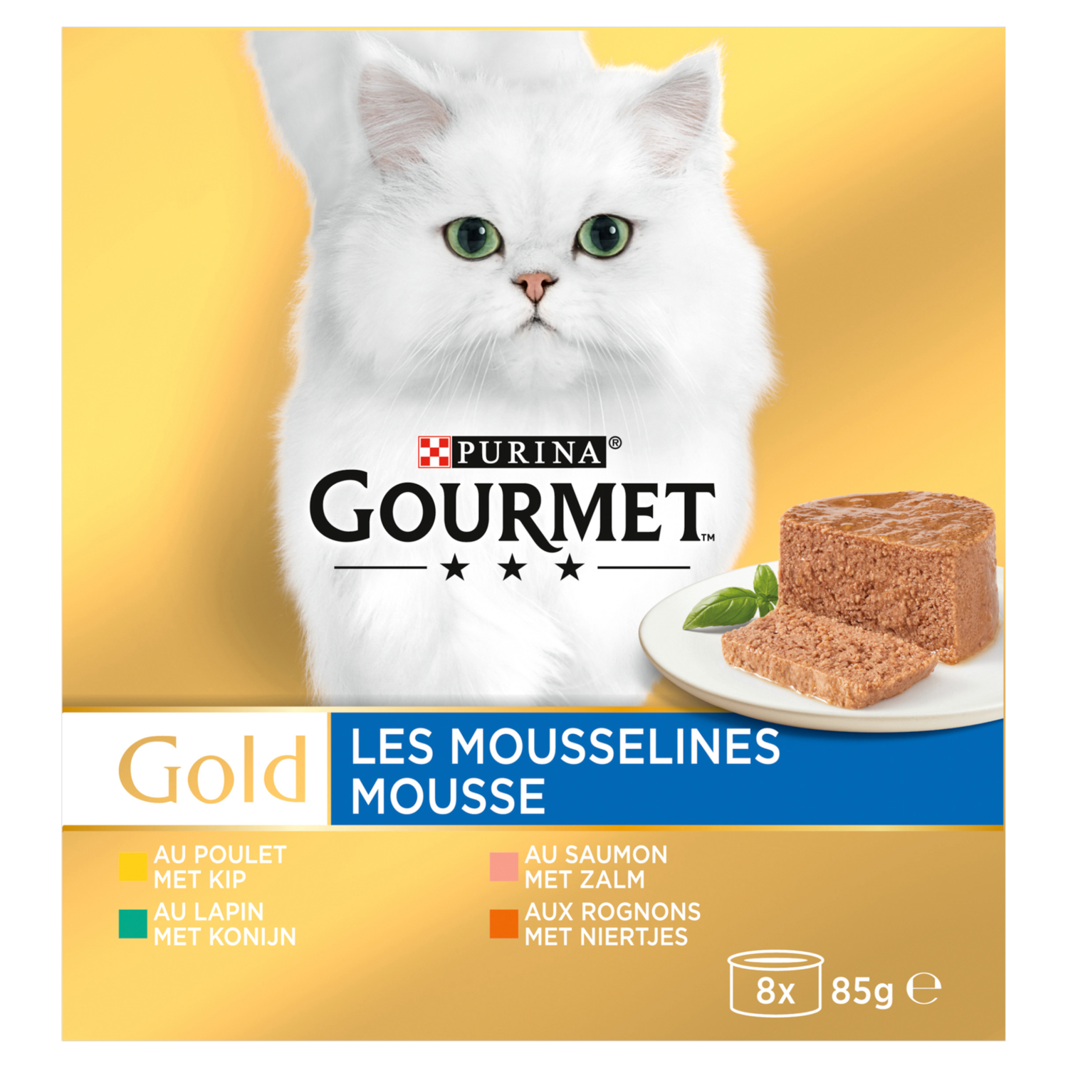 Gourmet Gold Mousse Kattenvoer nat met Kip, Zalm, Niertjes en Konijn