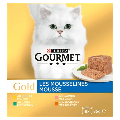 Gourmet Gold Mousse Kattenvoer nat met Kip, Zalm, Niertjes en Konijn