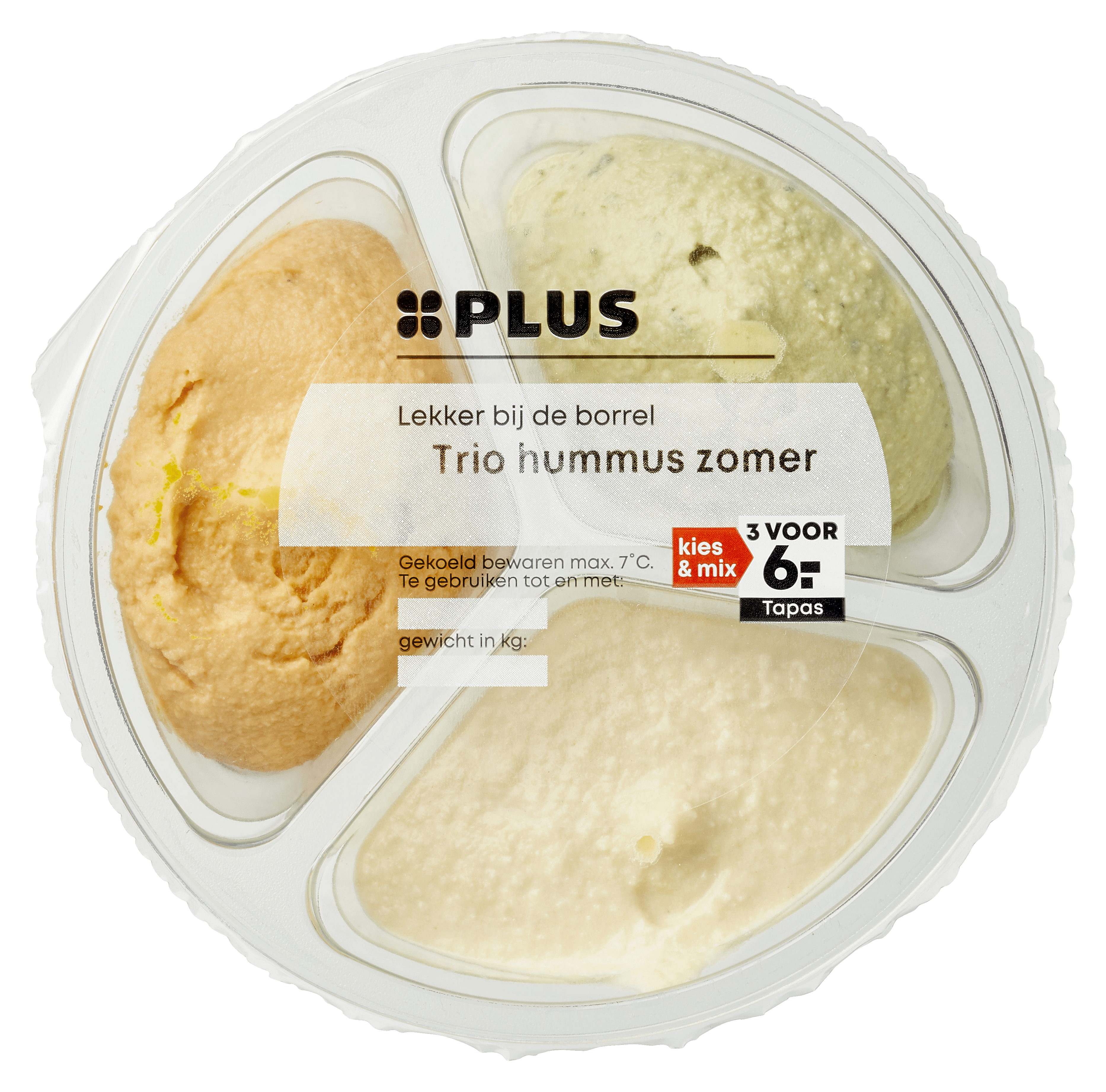 PLUS Hummus trio (pesto, citroen, wortel) Kuipje 210 g
