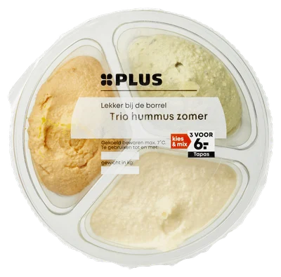 PLUS Hummus trio (pesto, citroen, wortel) Kuipje 210 g