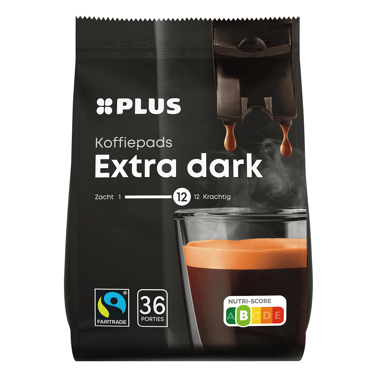 PLUS Koffiepads extra dark Fairtrade Zak 36 st
