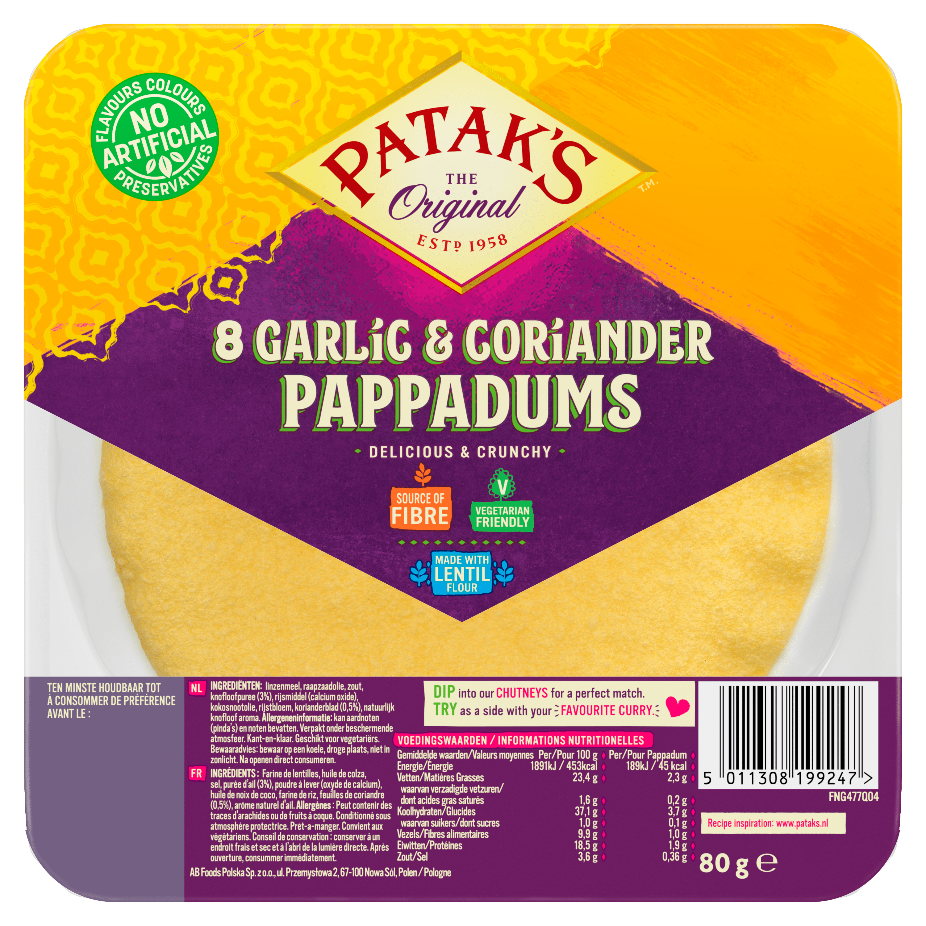 Patak's Pappadums Knoflook &amp; Koriander Wikkel 80 g