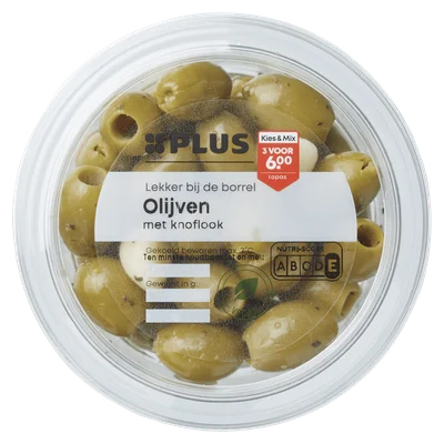 PLUS Olijven knoflook Bakje 130 g