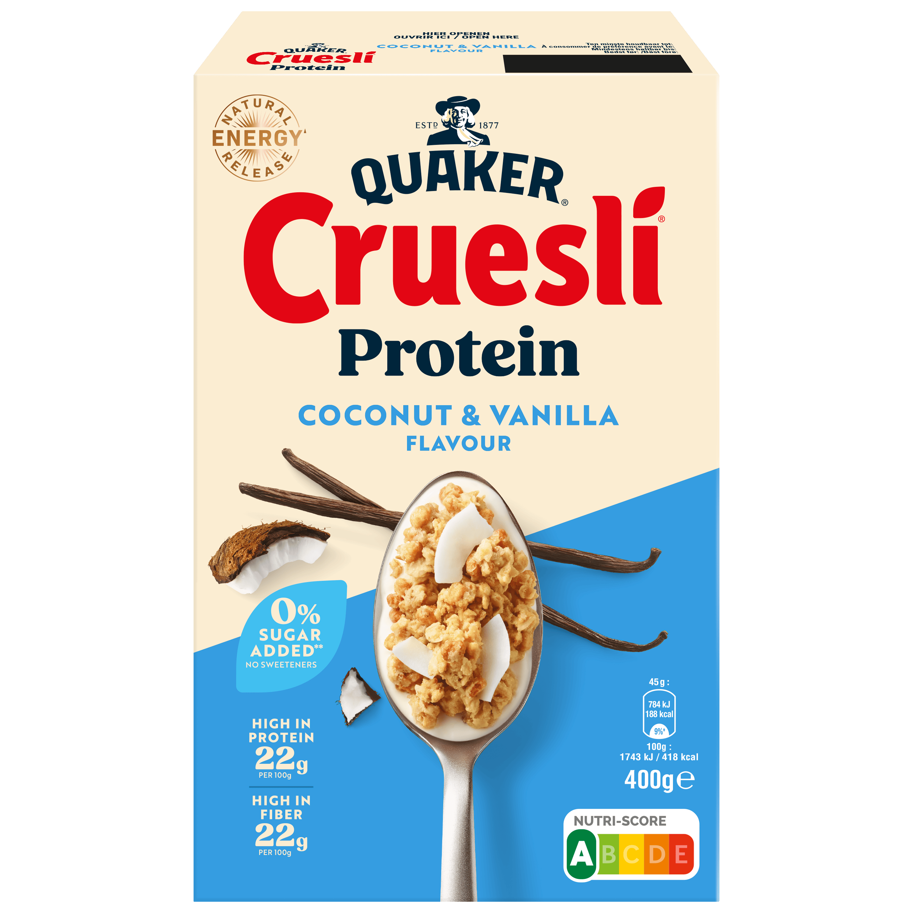 Quaker Cruesli proteine coconut&amp;van Doos 400 g