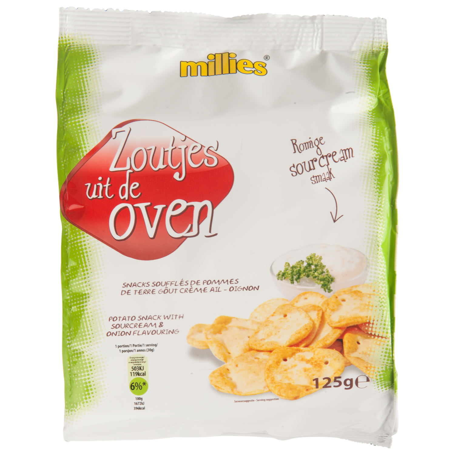Millies Zoutjes uit de oven-romige sourcream Zak 125 g