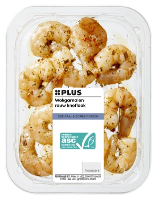 PLUS Wokgarnalen rauw knoflook Tray 150 g