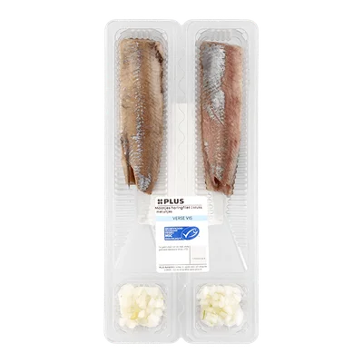 PLUS Maatjes Haringfilet 2st met uitjes Tray 140 g