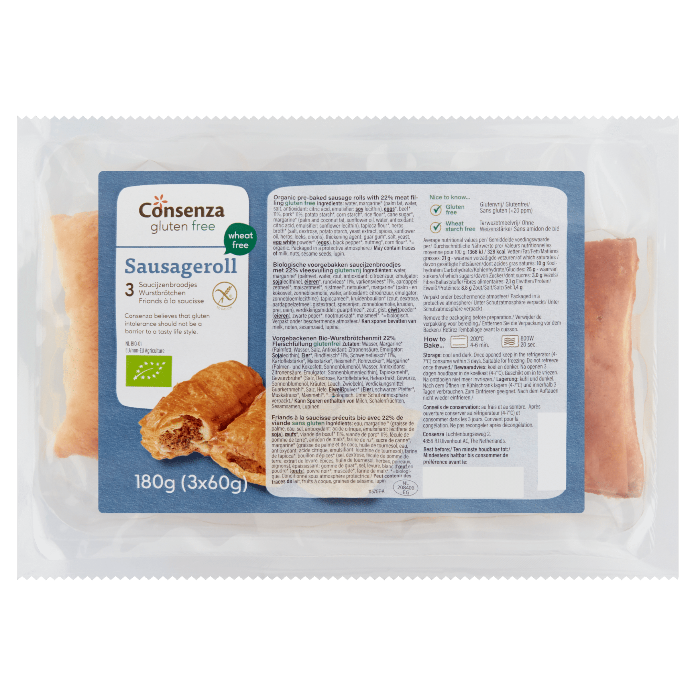 Consenza Saucijzenbroodjes gluten lactosevrij Tray 180 g