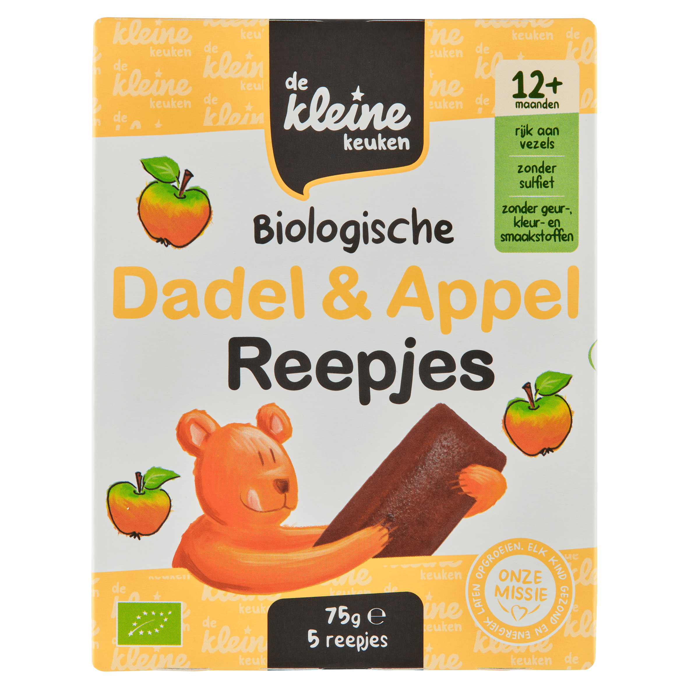 De Kleine Keuken Bio dadel &amp; appel reepjes 12+ Doos 75 g