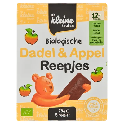 De Kleine Keuken Bio dadel &amp; appel reepjes 12+ Doos 75 g