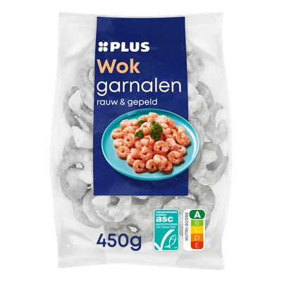 PLUS Wokgarnalen rauw &amp; gepeld Zak 450 g