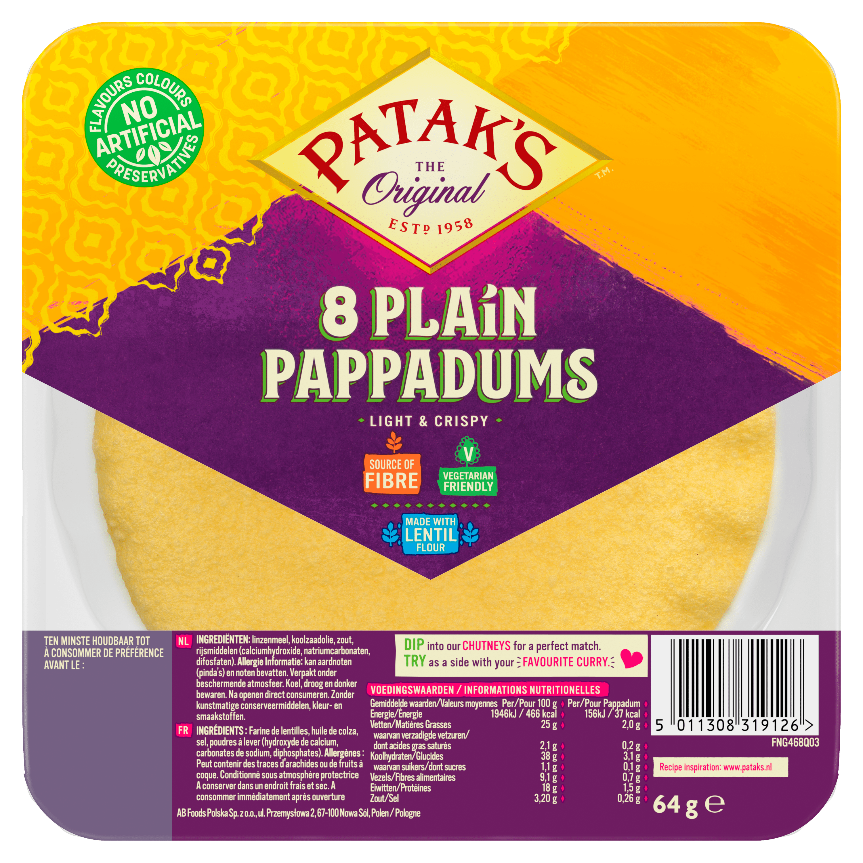 Patak's Pappadums ready to eat Pak 64 g