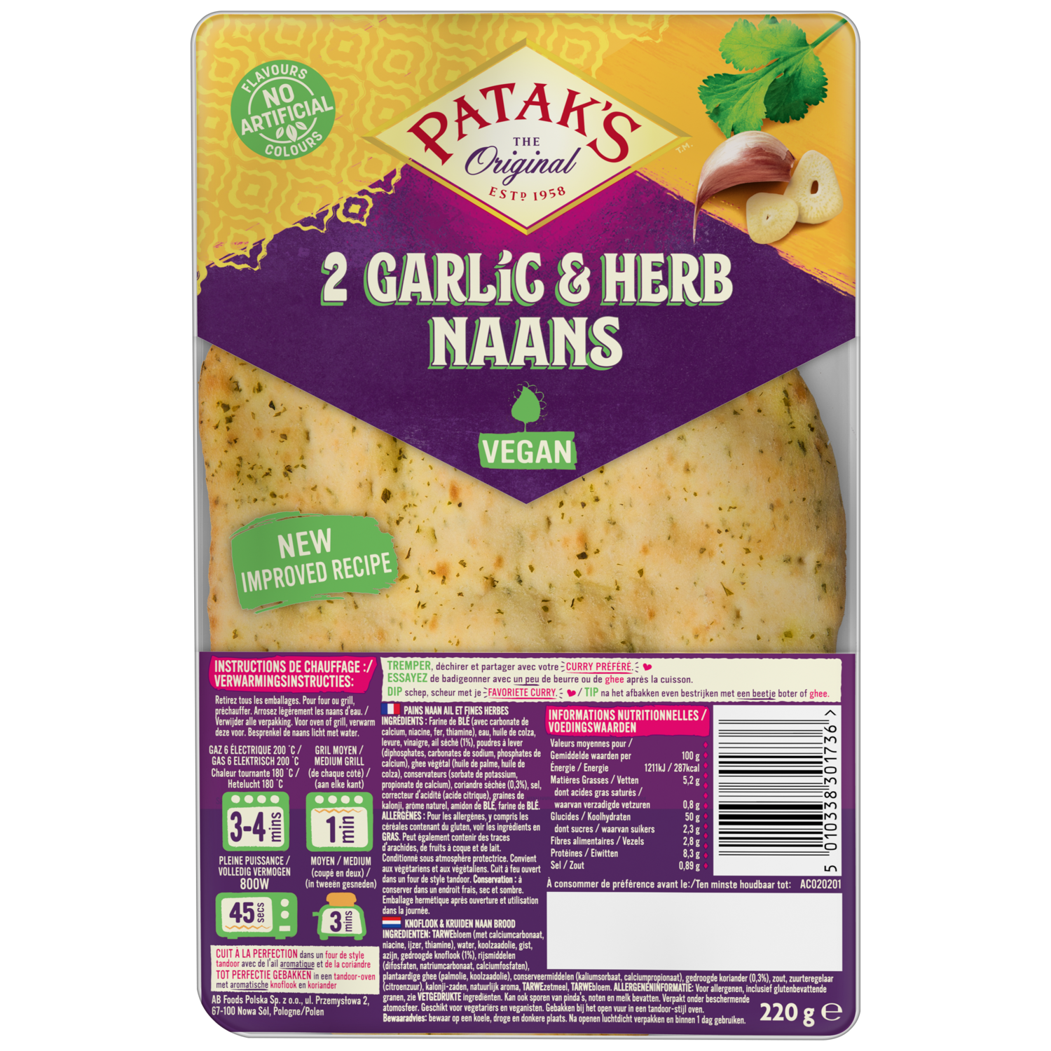 Patak's Naan knoflook en kruiden Zakje 220 g