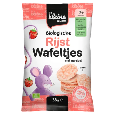 De Kleine Keuken Bio Rijstwafeltjes met aardbei Zak 35 g