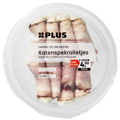 PLUS Katenspekrolletjes kruiden roomkaas Bakje 90 g